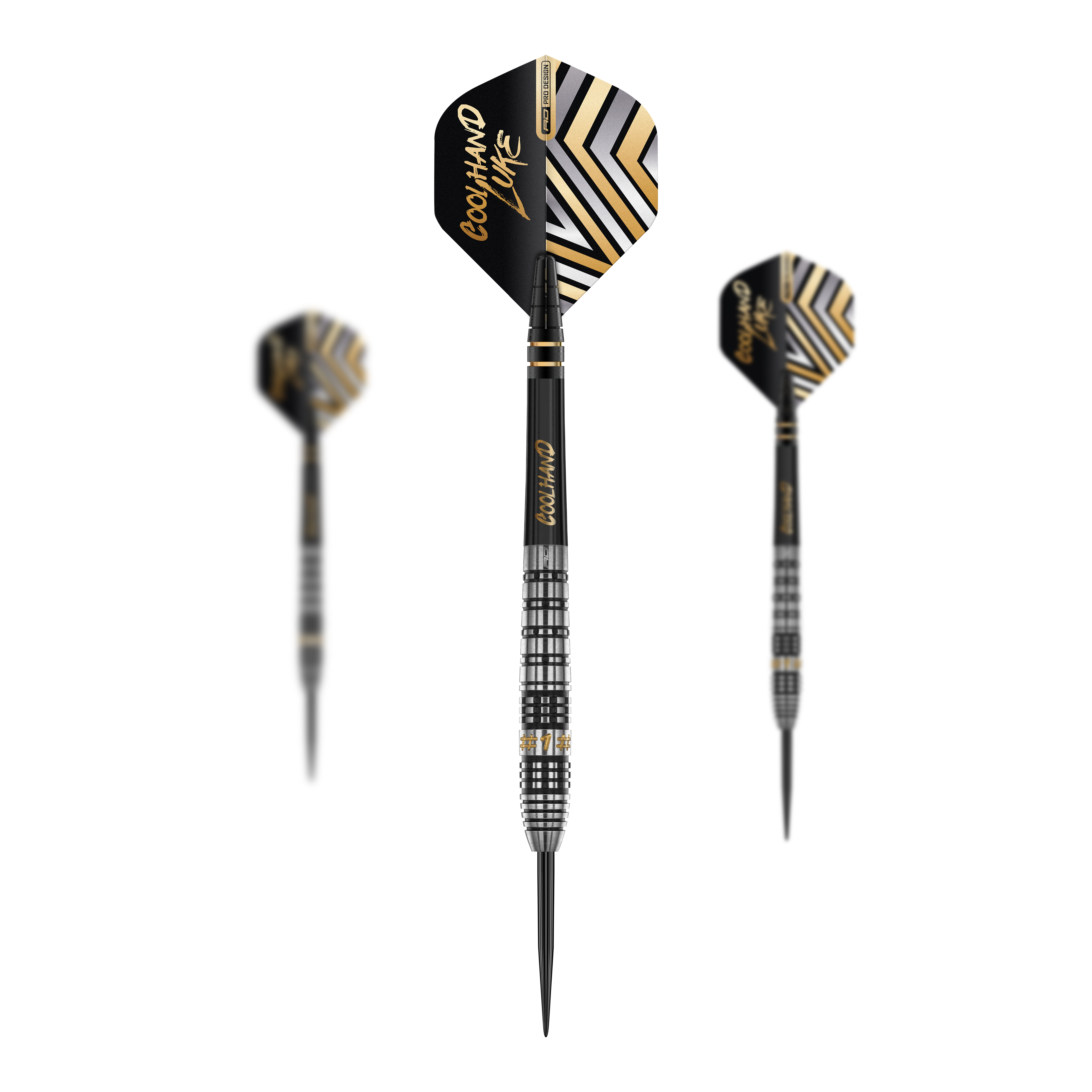 Das Bild zeigt drei Steeldarts mit dem Namen "Red Dragon Luke Humphries Prestige". Die Darts haben ein schwarzes und silbernes Design mit goldenen Akzenten und der Aufschrift "COOLHAND LUKE" auf den Flights.
